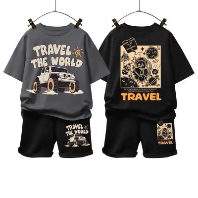 China 2023 summer casual Korean version of the foreign TR cartoon children's short sleeve casual suit boys and girls two-piece set for sale