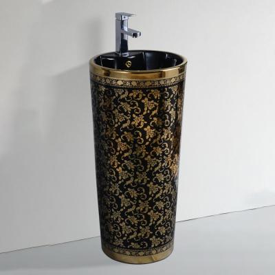 China New Style Durable Round Pattern Gold Ceramic Pedestal Wash Basin For Hotel Bathroom for sale