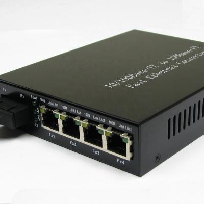 China FTTH 100M BIDI Fiber 4 Ports RJ-45 Media Converter 20km 1310nm 1550nm SM SC WDM Media Converter for sale