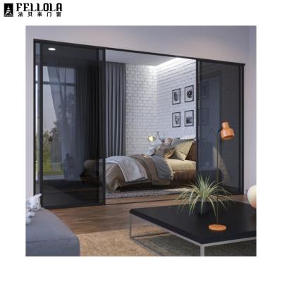 China Aluminum Windows Doors Double Slide Tempered Glass Slim Narrow Frame Profile 40mm Modern Minimalist Soundproof Windproof for sale