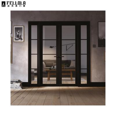 China Aluminum Alloy Frame Double Tempered Glass Casement Curtain Entry Front Swing Door With Black Minimalist Commercial Narrow Grill Design for sale