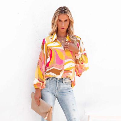 China Fashion Printed Lantern Sleeve Lapel Cardigan Women Top Straight Casual Shirt Anti-Shrink for sale