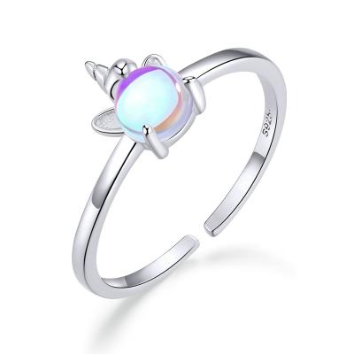 China Trendy Hot Selling 925 Sterling Silver Ring Fashion Unicorn Ring Silver Moonstone Opening Adjustable Ring for sale