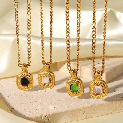 China Tarnish Free Color Waterproof Geometric Square Zircon Jewelry 18K Gold Stainless Steel Pendant Necklace For Women for sale