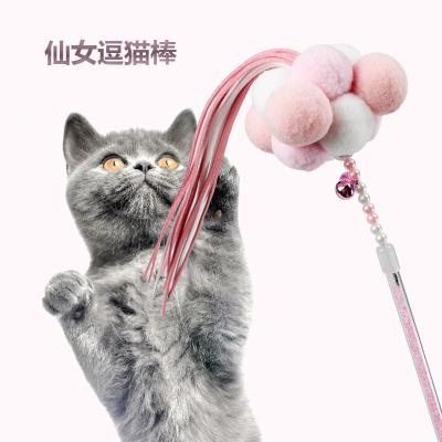 China Wholesale Viable Long Cat Funny Stick Tassel Handle Crystal Pompom With Bell Stick Fairy Fun Funny Cat Toy for sale