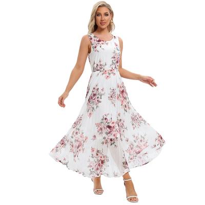 China Anti-Static Women Summer Elegant Crew Neck Pleated Sleeveless Chiffon Dress Pink Floral Chiffon Printed Casual Dresses for sale