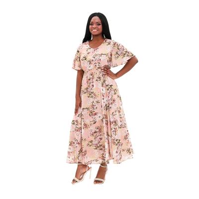 China New Arrival Women's Anti-Static Short Sleeve Printed Chiffon With Gold Foiled Floral Printed Chiffon Maxi Dress Hot Sale Pink Maxi Dress for sale