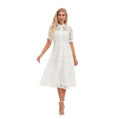 China New Arrival Women's Crochet Chemical Anti-Static Lace Up Women's Dress Bohemian Casual Loose Lace Dress Maxi Dress Button Through Long for sale