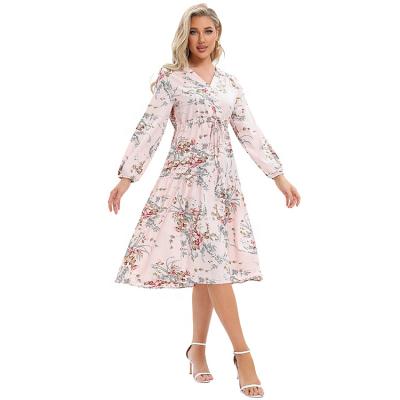 China Anti-Static Women's New Arrival 3/4 Sleeve V-Neck Spring Summer High Waist With Tie Floral Printed Beach Casual Dress for sale