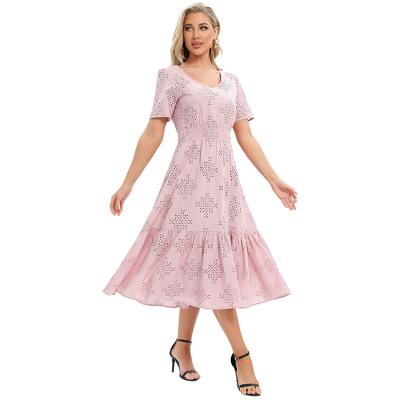 China 100% Embroidered Anti-Static Women's Spring V-Neck Summer Cotton Embroidery Anglaise Dress Casual Short Sleeve Long Dress for sale