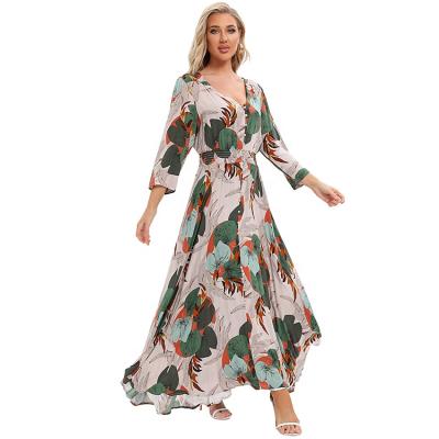 China Anti-Static Women's V-Neck Spring Summer Button Through High Waist Smocked Casual Beach Floral Print Maxi Dress for sale