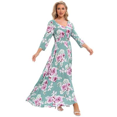 China Anti-Static Women's V-Neck Spring Summer Button Floral Print High Waist Beach Casual Maxi Dress for sale