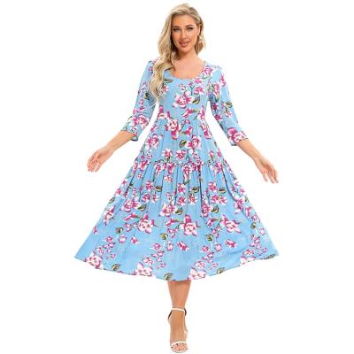 China Hot New Arrival Amazon Products Factory Price Anti-Static Fashion Women's Summer Casual Floral Printed Rayon Tiered Dress for sale