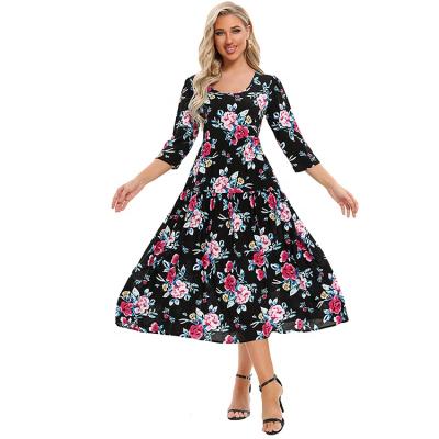 China Hot New Arrival Amazon Products Factory Price Anti-Static Fashion Women's Summer Casual Floral Printed Rayon Tiered Dress for sale