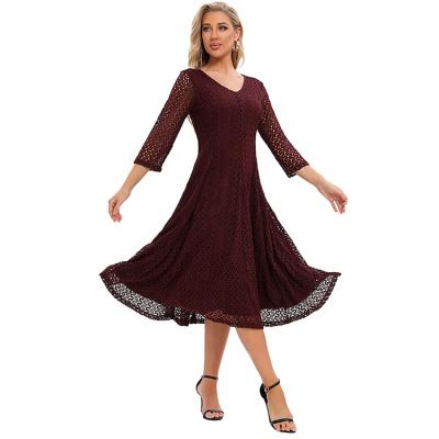 China New Arrival Women's Spring Summer V-Neck 3/4 Sleeve Jacquard Lace Fitting Anti-Static And Flare Dress Formal Dress for sale