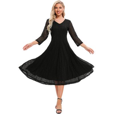 China Summer Spring New Arrival Women's Anti-Static 3/4 V-Neck Sleeve Jacquard Lace Fit And Flare Casual Dress for sale