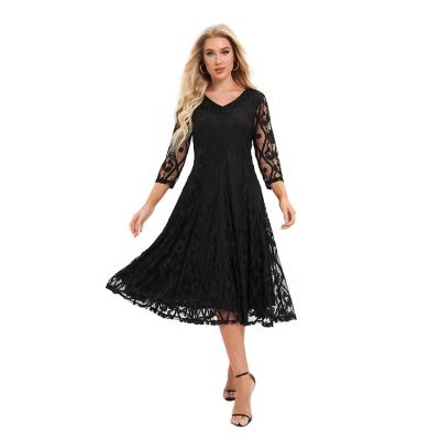 China Anti-Static Women's Summer New Arrival Crew Neck 3/4 Sleeve Black Design Stretch Lace Fit And Flare Long Casual Dress for sale