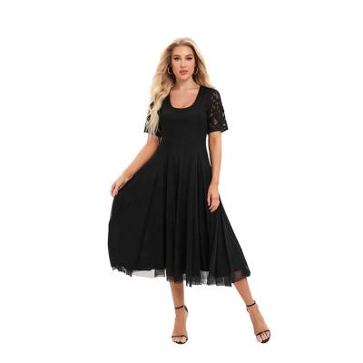 China Anti-Static Women's New Arrival Summer Hot Sales Crew Neck Embroidered Trims On Collar And Sleeve Fit And Flare Mesh Casual Dress for sale