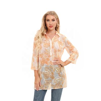 China Anti-pilling Ladies Summer 3/4 Sleeve Printed Chiffon With Embroidered Shirt Collar With Buttons Longer Length Blouse Casual Tunic Shirt for sale