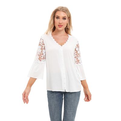 China High quality anti-pilling women's summer new arrival V-neck 3/4 sleeve with lace trims chemical dobby rayon jacquard button up blouse for sale