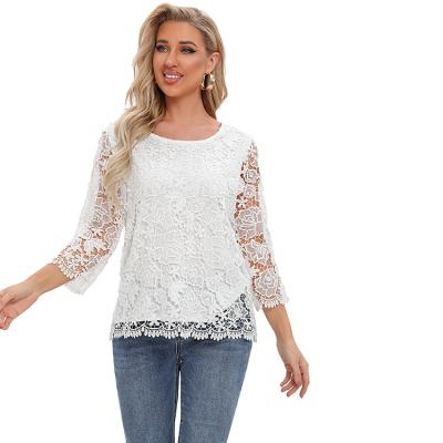 China New Arrival Anti-pilling Women's Summer Crew Neck Fashion Design Crochet Lace 3/4 Sleeve Chemical Casual Blouse for sale