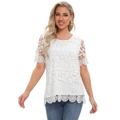 China Anti-pilling women's new arrival summer crew neck fashion design crochet lace chemical lace short sleeve casual blouse for sale