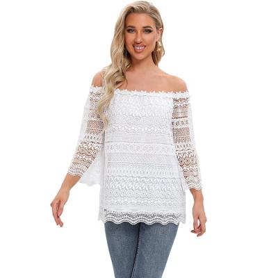 China Women's Anti-Pilling Summer 3/4 Sleeve Off The Shoulder Lace Crochet Strapless Flare Chemical Sleeve Casual Blouse for sale