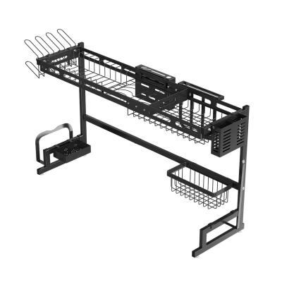 China Sustainable Stainless Steel 2 Tier Black Adjustable Dish Drying Rack Above Sink For Kitchen for sale