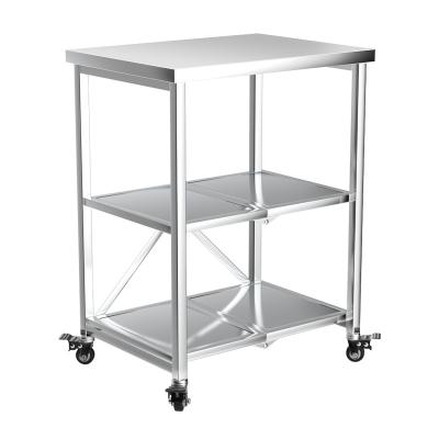 China Sturdy 3 Tier Stainless Steel Trolley Large Size Folding Serving Cart With Wheels Microwave Oven Rack Kitchen Organizer for sale