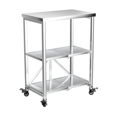 China Mid Size 3 Tier Stainless Steel Cart Sustainable Folding Serving Cart With Wheels Microwave Oven Rack Kitchen Organizer for sale