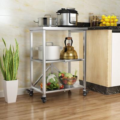 China 201 Stainless Steel Cart Sustainable Small Size Folding Serving Cart With Wheels Microwave Oven Rack Kitchen Organizer for sale