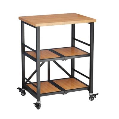 China Sustainable 3 Tier Multifunctional Food Cart Wooden Folding Serving Cart With Wheels Organizer For Kitchen for sale