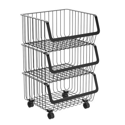 China 3 Tier Black Wire Fruit Vegetable Display Rack 304 Stainless Steel Sustainable Multifunctional Stackable Basket With Wheel Kitchen Organizer for sale