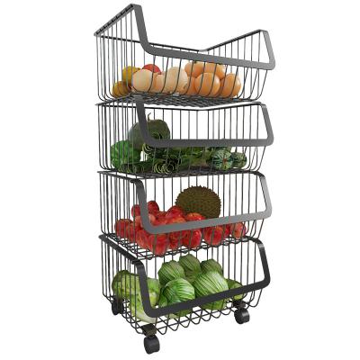 China 4 Tier Stackable Stainless Steel Multifunctional Black Wire Stackable Basket With Wheel Fruit Vegetable Display Rack Kitchen Organizer for sale