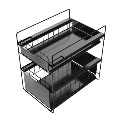 China Large Size Black Metal Workable 2 Tier Under Sink Sliding Storage Drawer Storage Organizer Rack For Kitchen Bathroom for sale