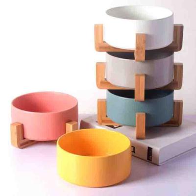 China Modern Nordic Wooden Dish Rice Salad Stand New Design Travel Pet Sustainable Ceramic Dog Bowl Water Feeding Food for sale