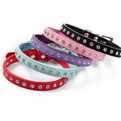 China Light Up New Design Cat Pet Plain Colored Shiny Soft Comfortable Rhinestone Row PU Leather Dog Collar for sale