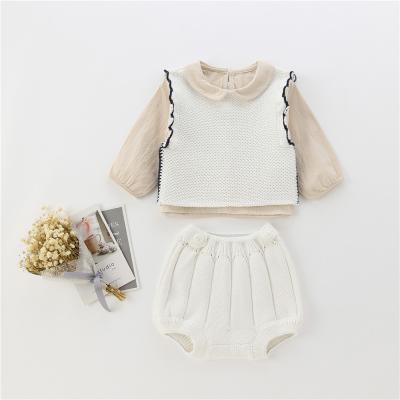 China Breathable Design Baby Clothes Sets Lace Knit Vest+Long Sleeve Tops+Warm Shorts Baby Winter Clothes Set for sale