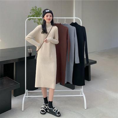 China Breathable Knitwear Manufacturers Custom Brown Round Ribbed Long Sleeved Choker Knitted Luxury Women's Sweater Dress for sale