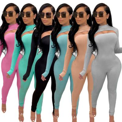 China New Breathable Bodycon Backless Overalls Plus Size Jumpsuit Rib Drop Spandex Long Sleeve Overalls For Women for sale