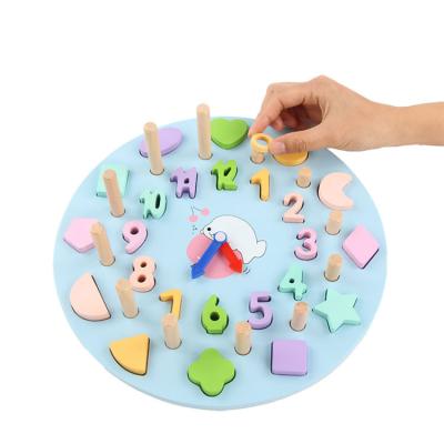 China Wooden Educational Toy Building Block Shape Mating Toy Montessori Clock Toy 3D Digital Educational Logarithmic Dish Time Colors Identify Toy for sale