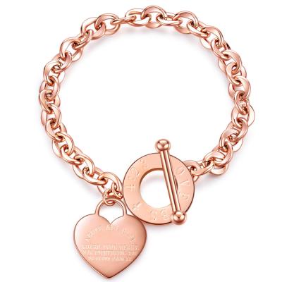 China CLASSIC Gold Plated Stainless Steel Love Heart Charm Bracelet Forever For Women Party Gift Fashion Chain Link Bracelet Jewelry Wholesale for sale