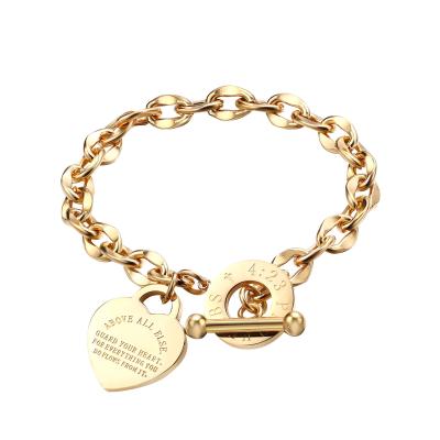 China CLASSIC Stainless Steel Jewelry Chain and Link Women Bracelet Engraved Bible Proverbs Inspirational Heart Charm Bracelet for sale