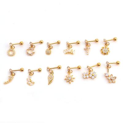 China Hot selling punk piercing new zircon earrings stainless steel ear bone ear bone micro inlaid body jewelry for sale