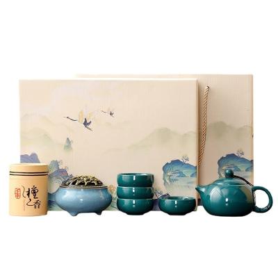 China Elegant Chinese Tea Set Celadon Shih Tzu Pot with 4 Cups and Sandalwood Incense Burner for sale