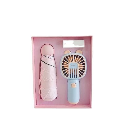 China Novelty Gifts Cool Summer Business Gift Box Set Cartoon Handheld Fan Umbrella for sale