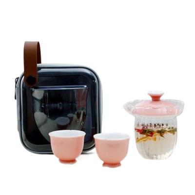 China Hotel and Resort Sakura Pink Glass Travel Tea Set Portable Tea Bag One Pot Two Cups Goddess Day Souvenir Gifts for sale