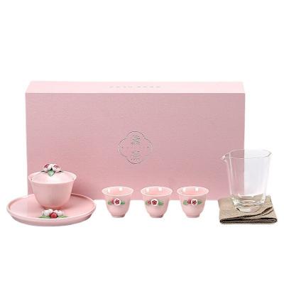 China Beautiful Pink Ceramic Tea Set Ideal Hand-Held Gift for Women during Goddess Festival for sale