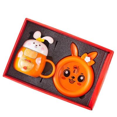 China Collectible Cute Rabbit Embossed Thermostatic Cup Set Heating Warm Cup and Warm Coaster for sale