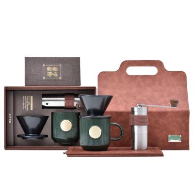 China Business Gift Handheld Box with Bean Grinder Ceramic Filter Cup and Ceramic Coffee Cup for sale